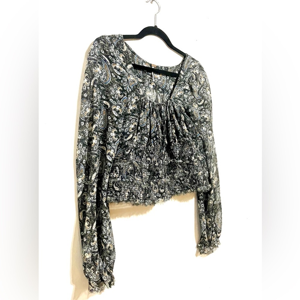 FREE PEOPLE LOLITA PEASANT BLOUSE BOHO CROP TOP PAISLEY FRAYED‎ TRIM SIZE L - Picture 5 of 10